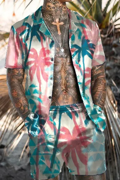 Men Plus Size Vintage 3D Floral Print Cardigan Short Sleeve Lapel Shirt Shorts Set