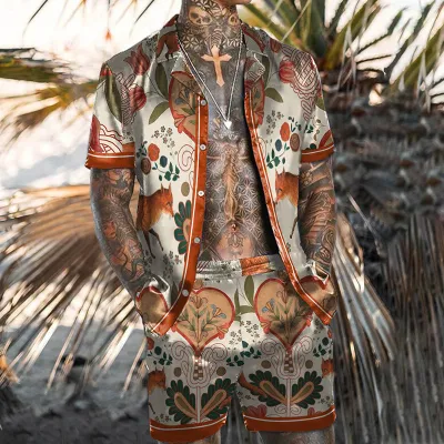 Men Plus Size Vintage 3D Floral Print Cardigan Short Sleeve Lapel Shirt Shorts Set