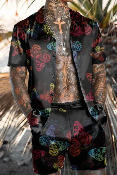 Men Plus Size Vintage 3D Floral Print Cardigan Short Sleeve Lapel Shirt Shorts Set