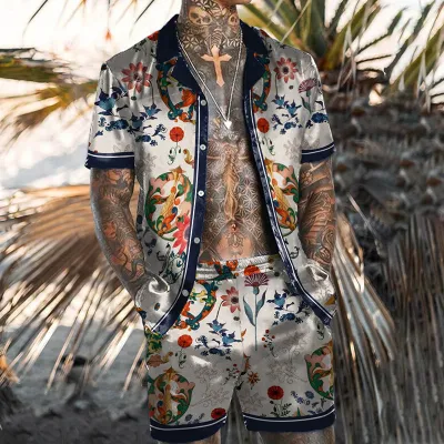 Men Plus Size Vintage 3D Floral Print Cardigan Short Sleeve Lapel Shirt Shorts Set