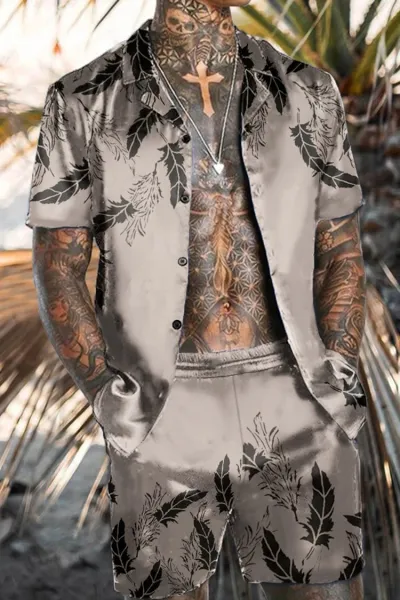 Men Plus Size Vintage 3D Floral Print Cardigan Short Sleeve Lapel Shirt Shorts Set