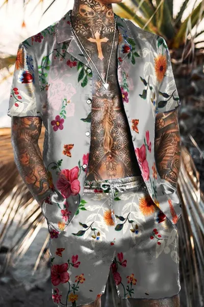 Men Plus Size Vintage 3D Floral Print Cardigan Short Sleeve Lapel Shirt Shorts Set