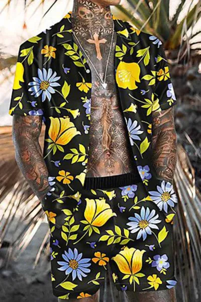 Men Plus Size Vintage 3D Floral Print Cardigan Short Sleeve Lapel Shirt Shorts Set