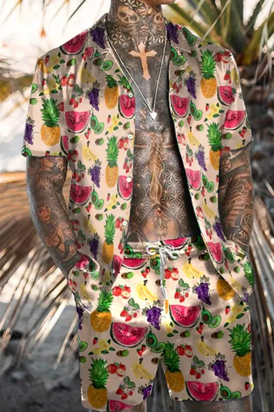 Men Plus Size Vintage 3D Floral Print Cardigan Short Sleeve Lapel Shirt Shorts Set