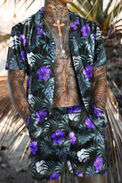 Men Plus Size Vintage 3D Floral Print Cardigan Short Sleeve Lapel Shirt Shorts Set