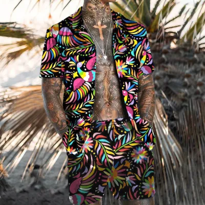Men Plus Size Vintage 3D Floral Print Cardigan Short Sleeve Lapel Shirt Shorts Set