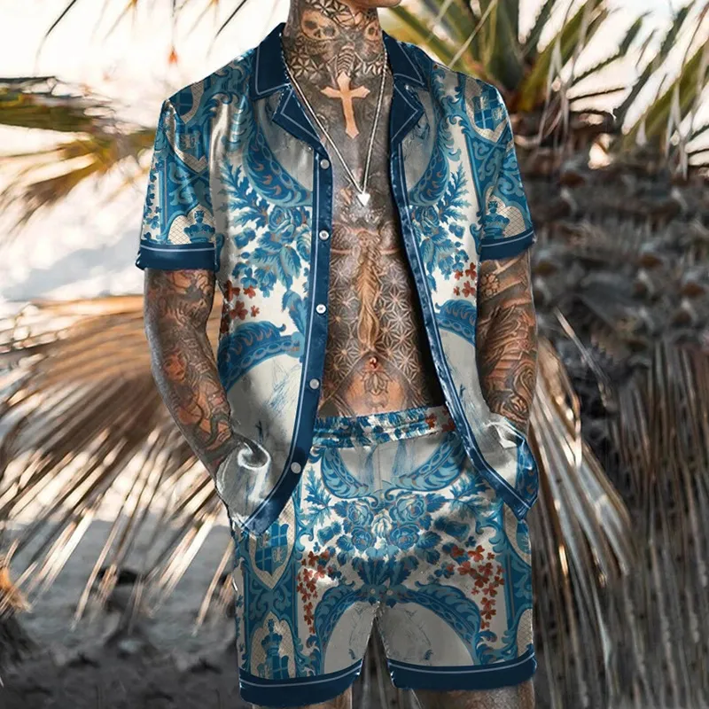 Men Plus Size Vintage 3D Floral Print Cardigan Short Sleeve Lapel Shirt Shorts Set