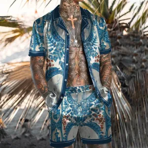 Men Plus Size Vintage 3D Floral Print Cardigan Short Sleeve Lapel Shirt Shorts Set