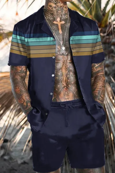 Men Plus Size Casual Vacation 3D Print Stripe Short Sleeve Lapel Shirt Shorts Set