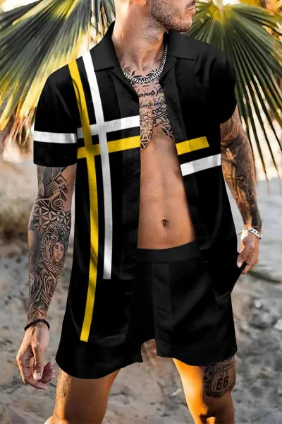 Men Plus Size Casual Vacation 3D Print Stripe Short Sleeve Lapel Shirt Shorts Set