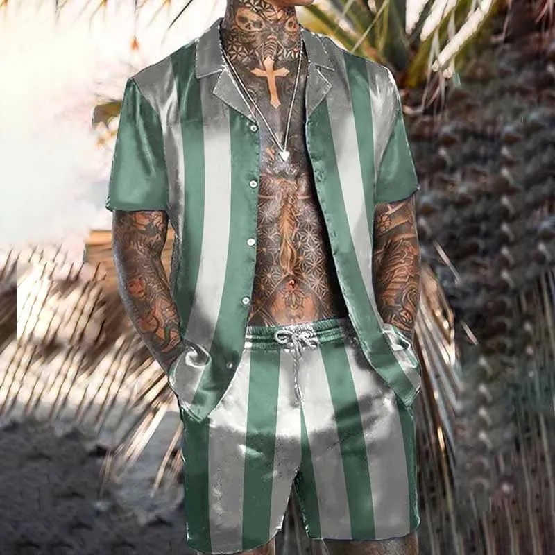 Men Plus Size Casual Vacation 3D Print Stripe Short Sleeve Lapel Shirt Shorts Set