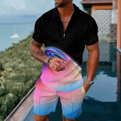 Men Casual Sports 3D Print Plus Size Short Sleeve Lapel Polo Shirt Shorts Set