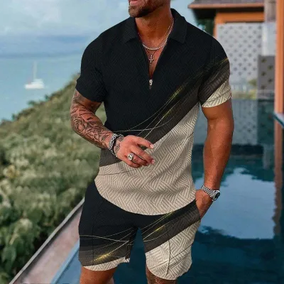 Men Casual Sports 3D Print Plus Size Short Sleeve Lapel Polo Shirt Shorts Set