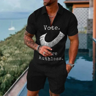 Men Casual Sports 3D Print Plus Size Short Sleeve Lapel Polo Shirt Shorts Set
