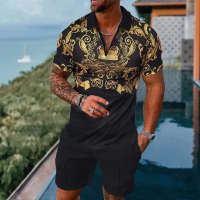 Men Casual Sports 3D Print Plus Size Short Sleeve Lapel Polo Shirt Shorts Set