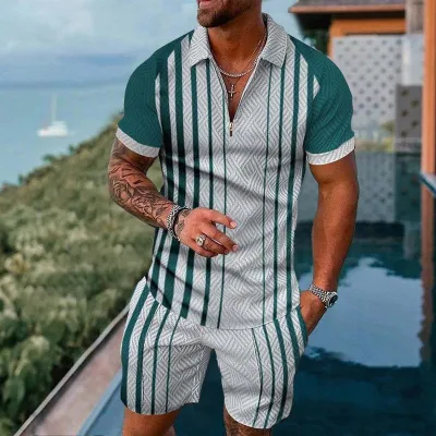 Men Casual Sports 3D Print Plus Size Short Sleeve Lapel Polo Shirt Shorts Set