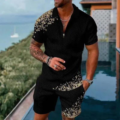 Men Casual Sports 3D Print Plus Size Short Sleeve Lapel Polo Shirt Shorts Set
