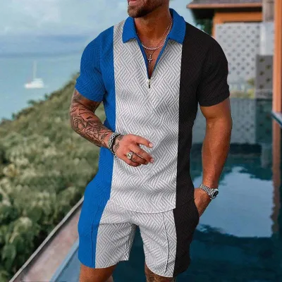 Men Casual Sports 3D Print Plus Size Short Sleeve Lapel Polo Shirt Shorts Set