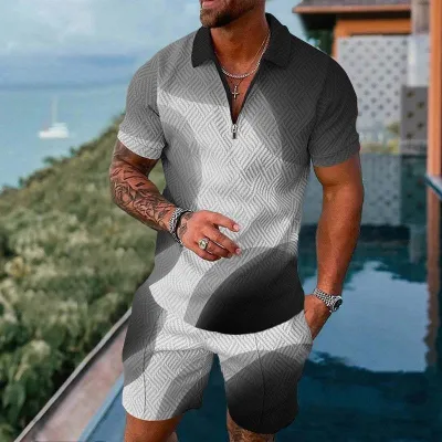 Men Casual Sports 3D Print Plus Size Short Sleeve Lapel Polo Shirt Shorts Set