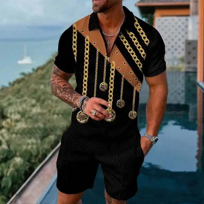 Men Casual Sports 3D Print Plus Size Short Sleeve Lapel Polo Shirt Shorts Set