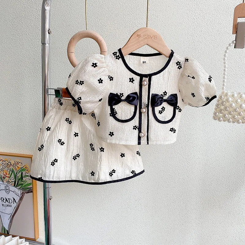 Kids Toddler Girls Casual Cute Chic Tiny Flower Bow Short Sleeve Round Neck Top Skirt Set