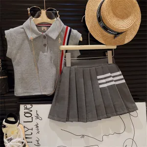 Kids Toddler Girls Casual British Style Cap Sleeve Lapel Polo Shirt and Skirt Set Two-Piece