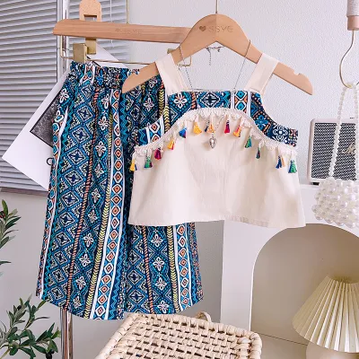 Kids Toddler Girls Cute Ethnic Style Tassel Camisole Trousers Set Sleeveless Pullover Two-Piece