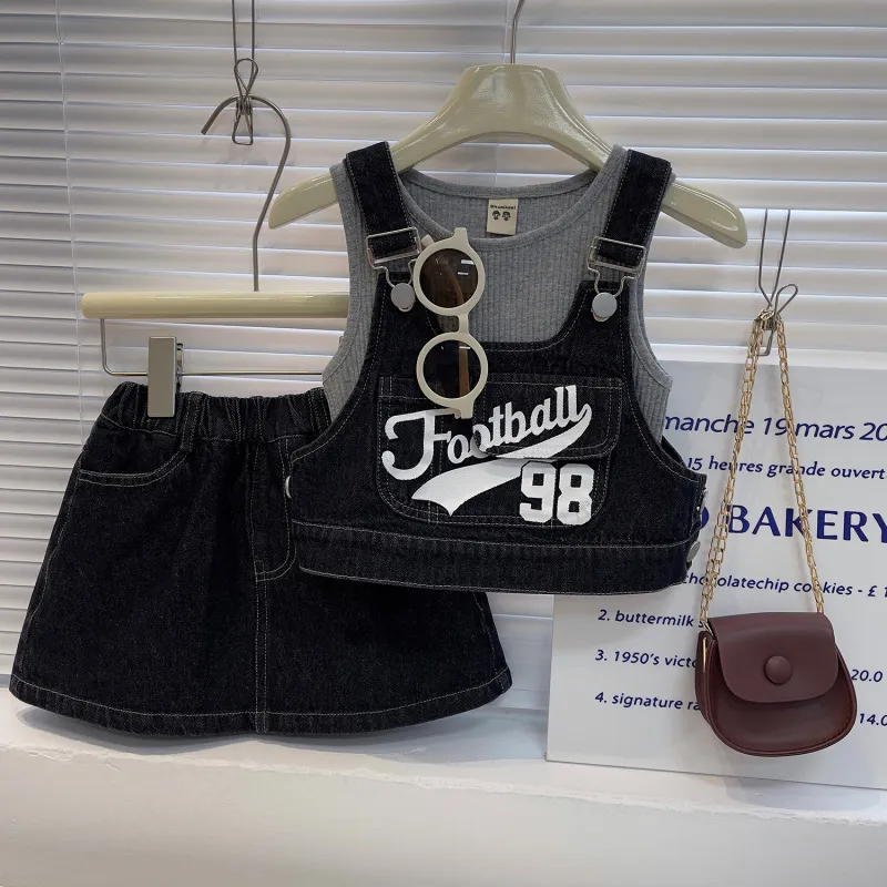 Kids Toddler Girls Casual Cute Letters Print Denim Suspender Top Shorts Set