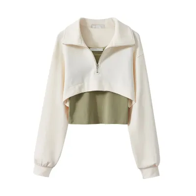 Women Fashion Solid Color Lel Crop Sweatshirt - Pullover Style, Polo Collar, Ultra-Short Length