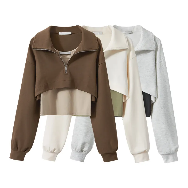Women Fashion Solid Color Lel Crop Sweatshirt - Pullover Style, Polo Collar, Ultra-Short Length