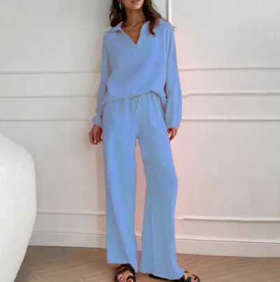 Women Elegant Casual Loose Solid Color Cotton Pants Set