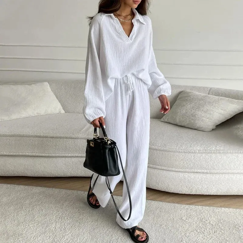 Women Elegant Casual Loose Solid Color Cotton Pants Set