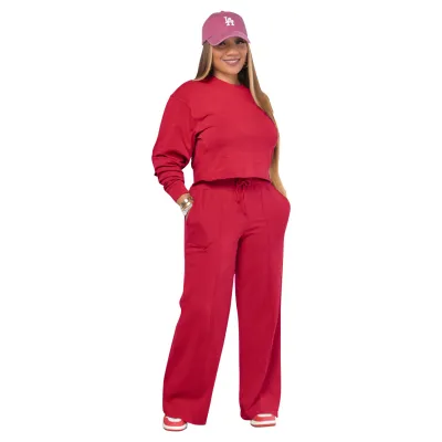 Women Casual Solid Color Polyester Sweatshirt And Pants Sport Set