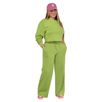 Women Casual Solid Color Polyester Sweatshirt And Pants Sport Set