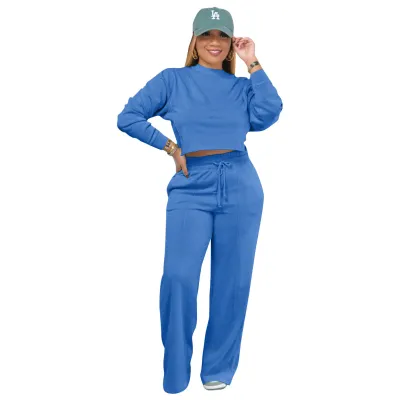 Women Casual Solid Color Polyester Sweatshirt And Pants Sport Set