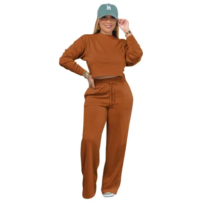 Women Casual Solid Color Polyester Sweatshirt And Pants Sport Set