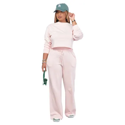 Women Casual Solid Color Polyester Sweatshirt And Pants Sport Set
