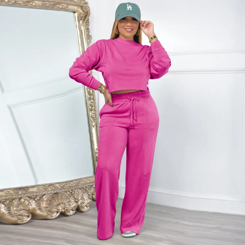 Women Casual Solid Color Polyester Sweatshirt And Pants Sport Set