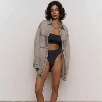 Women's Denim Cardigan Coat with Back Letter Label, Long Sleeve, Lapel Collar