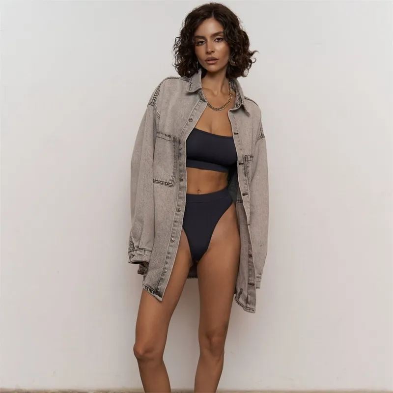 Women's Denim Cardigan Coat with Back Letter Label, Long Sleeve, Lapel Collar