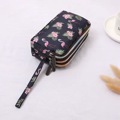Women Fashion Floral Printed Large-Size Three-Layer Zipper Canvas Purses