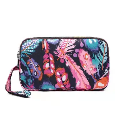 Women Fashion Floral Printed Large-Size Three-Layer Zipper Canvas Purses