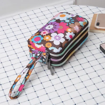 Women Fashion Floral Printed Large-Size Three-Layer Zipper Canvas Purses
