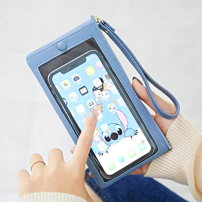 Women's Simple Large Capacity Zipper Touch Screen Phone Bag PU Leather Purses