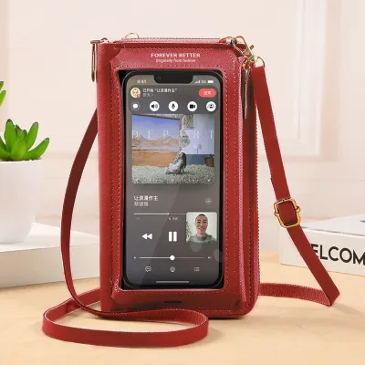 Women Fashion Touch Screen Phone Transparent Mini Purses Leather Zipper Crossbody Bags