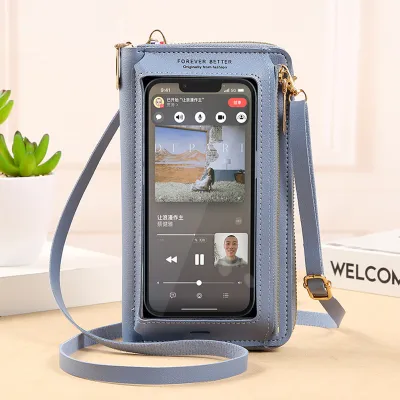 Women Fashion Touch Screen Phone Transparent Mini Purses Leather Zipper Crossbody Bags