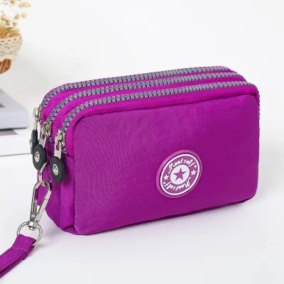 Women Fashion Solid Color Frosted Three-Layer Zipper Nylon Storage Purse