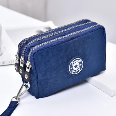 Women Fashion Solid Color Frosted Three-Layer Zipper Nylon Storage Purse