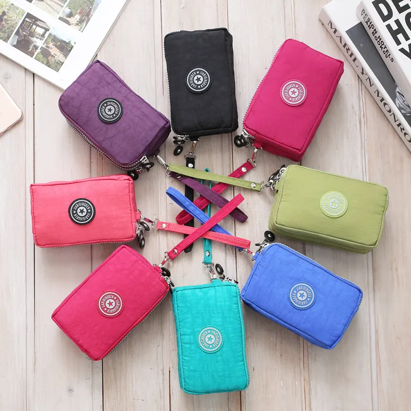 Women Fashion Solid Color Frosted Three-Layer Zipper Nylon Storage Purse