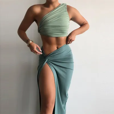 Women Fashion Sexy Shoulder Crop Top Split Skirt Two-Piece Set